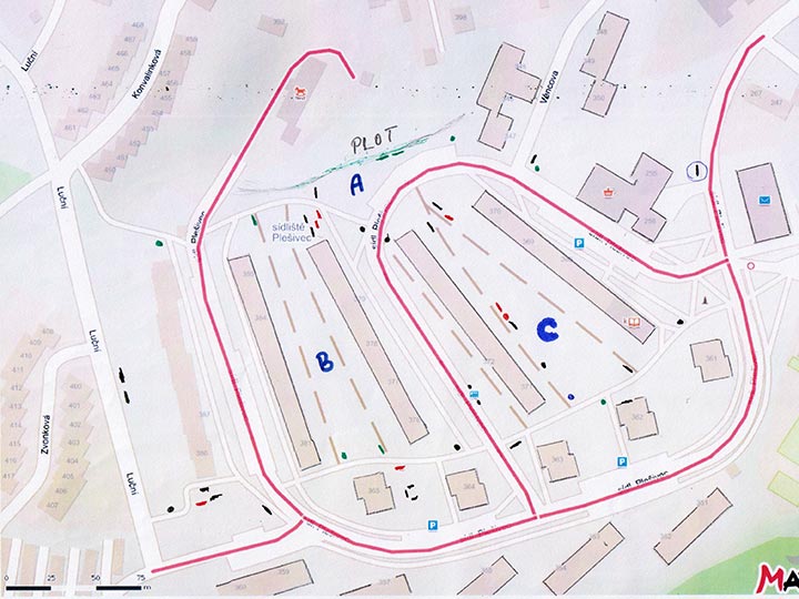 Projekt "Městský mobiliář pro sídliště", umístění projektu, obrazová dokumentace č. 1 - Černé a červené čáry a tečky jsou stávající lavičky a koše (červené nejsou zcela v pořádku).